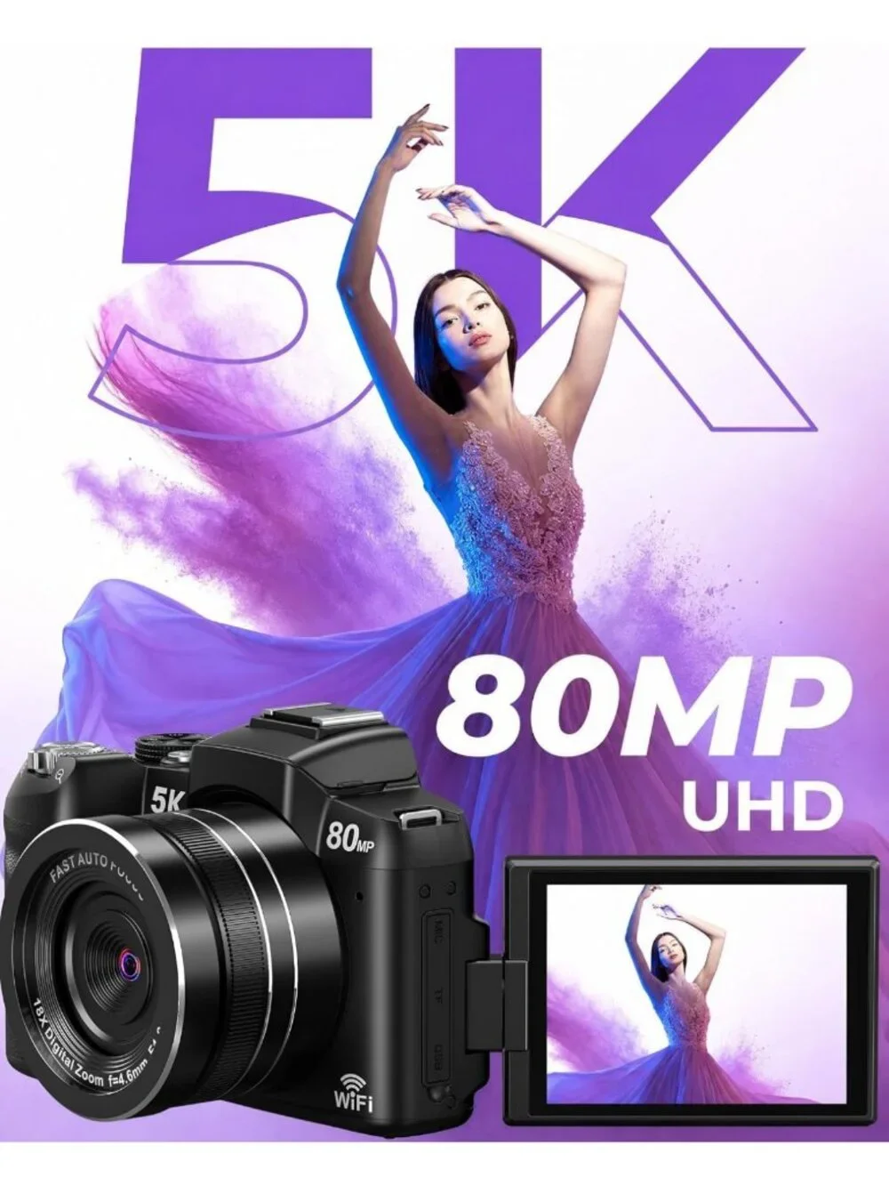 5K Digital Camera with WiFi, 80MP UHD, Autofocus - Perfect for Vlogging